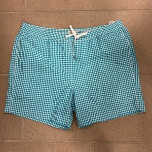 Onia Men's Swim Trunk in White and Blue Checked Patten